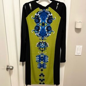 Eva Varro Cold Shoulder Dress Top L Stretchy Jersey Knit Unique Print NWT